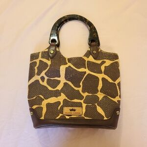 Elaine Turner Safari Giraffe Print Raffia Faux Turquoise Double Handled Handbag